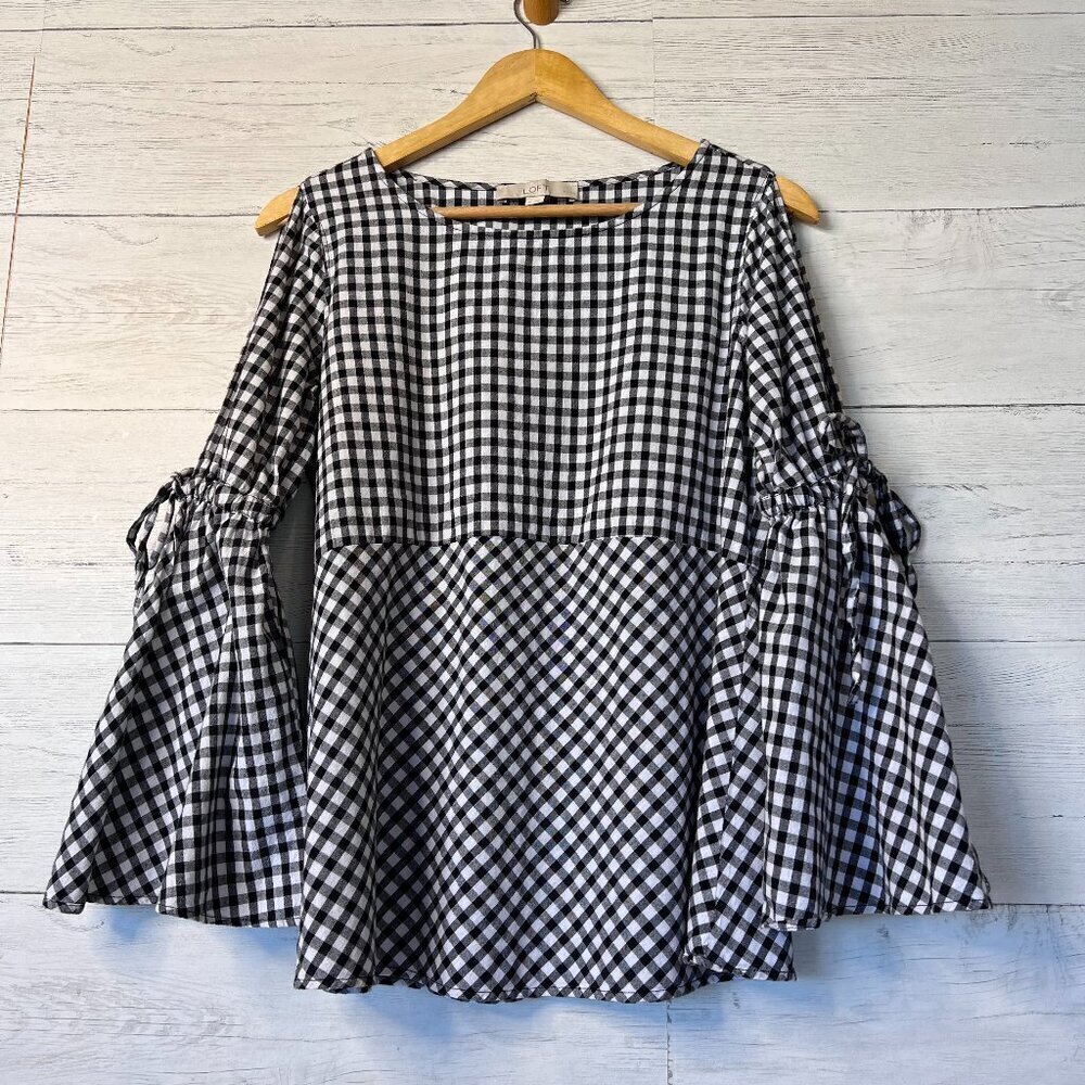 Loft Blouse Womens Size SP Gingham Cold Shoulder Open Bell Sleeve 100% Cotton